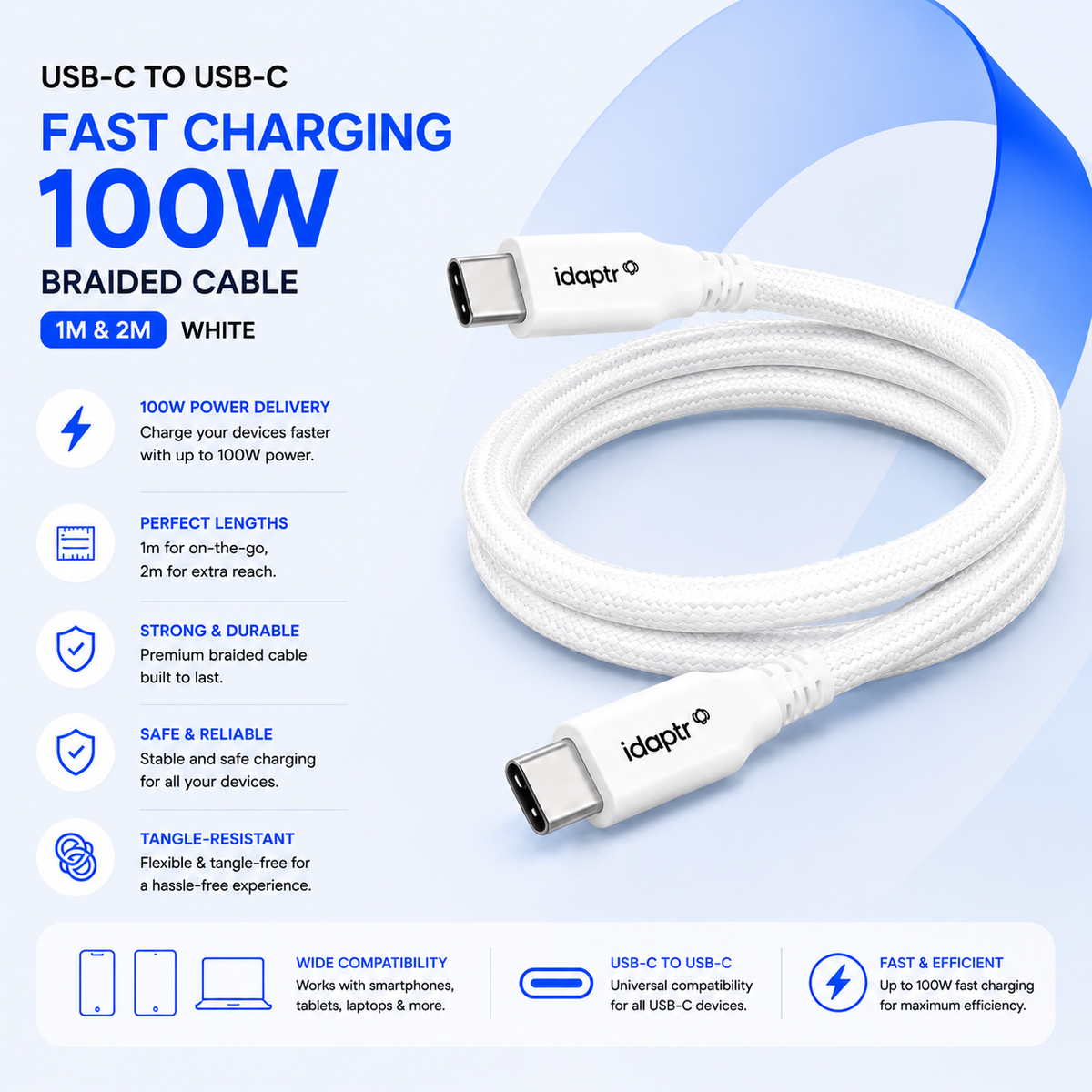 2 Pack USB-C to USB-C Fast Charging 100W Braided Cable Pack – 1m & 2m White