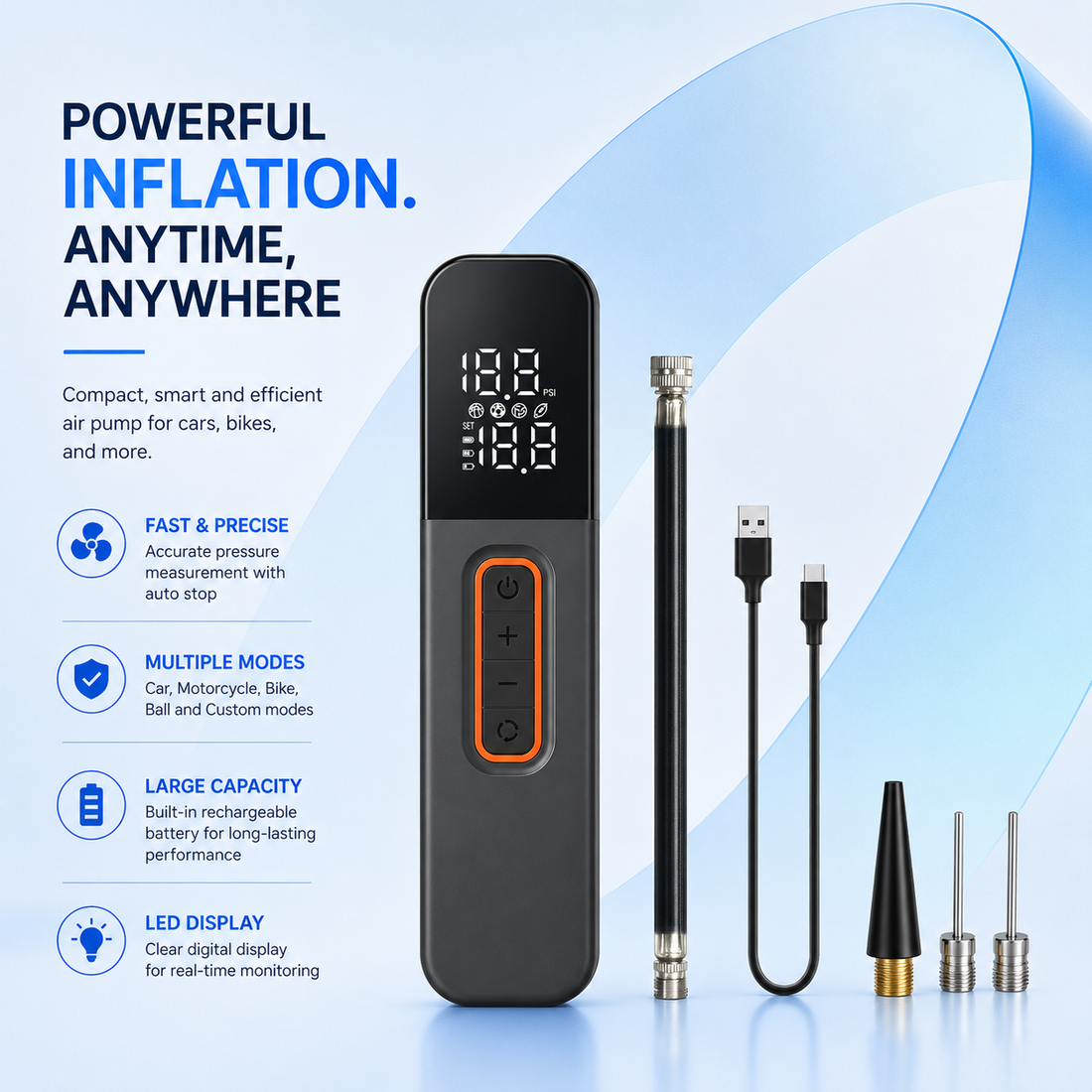Portable Digital Air Pump – Rechargeable Bike & Ball Inflator