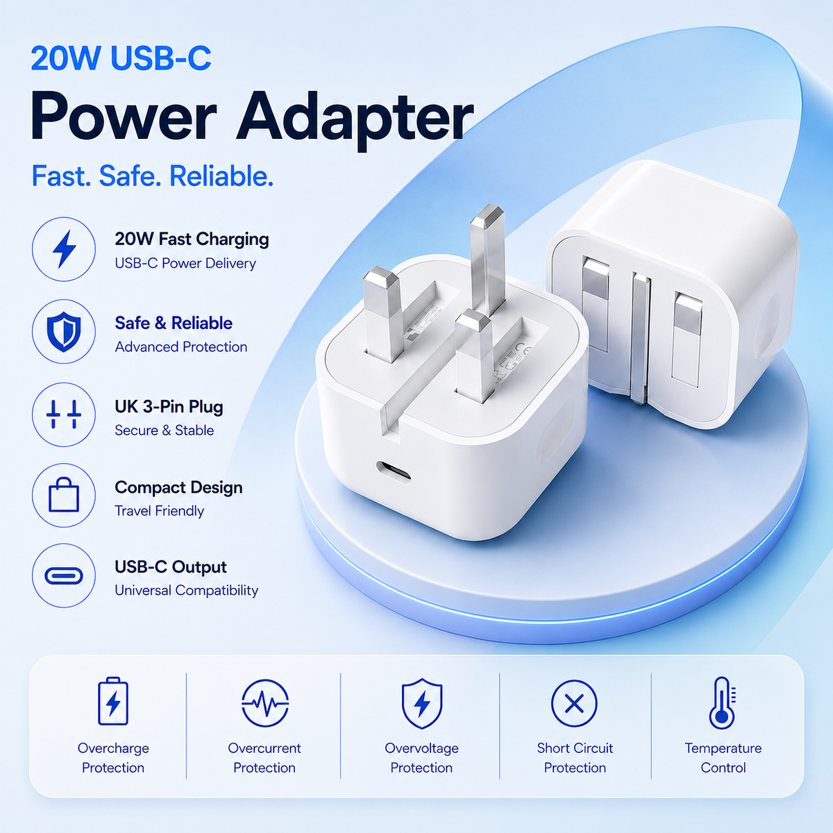 20W Foldable USB-C Fast Charger Bundle with 1m Braided Cable & Earbuds