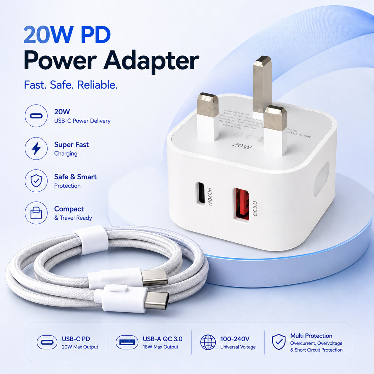 20W USB-C & USB-A Fast Charger Plug with 1m Braided USB-C Cable – Uk plug