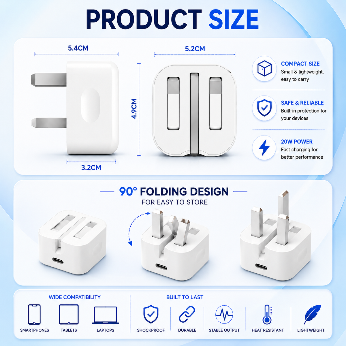 20W Foldable USB-C Fast Charger Bundle with 1m Braided Cable & Earbuds