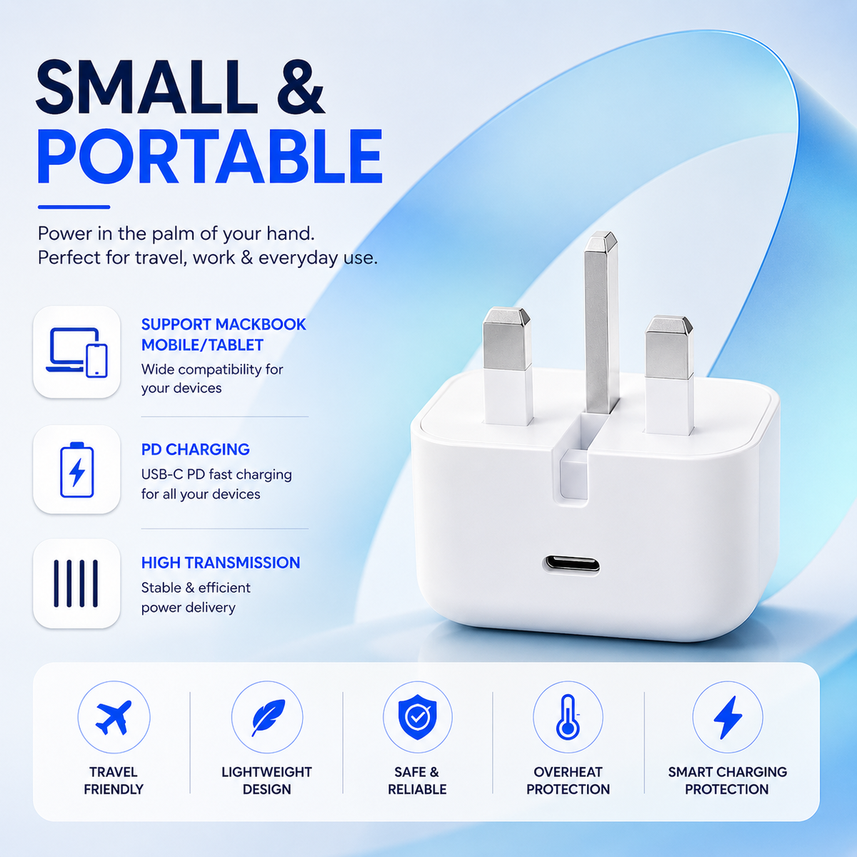 20W Foldable USB-C Fast Charger Bundle with 1m Braided Cable & Earbuds