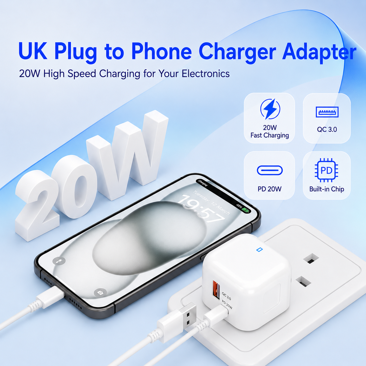 20W USB-C & USB-A Fast Charger Plug with 1m Braided USB-C Cable – Uk plug