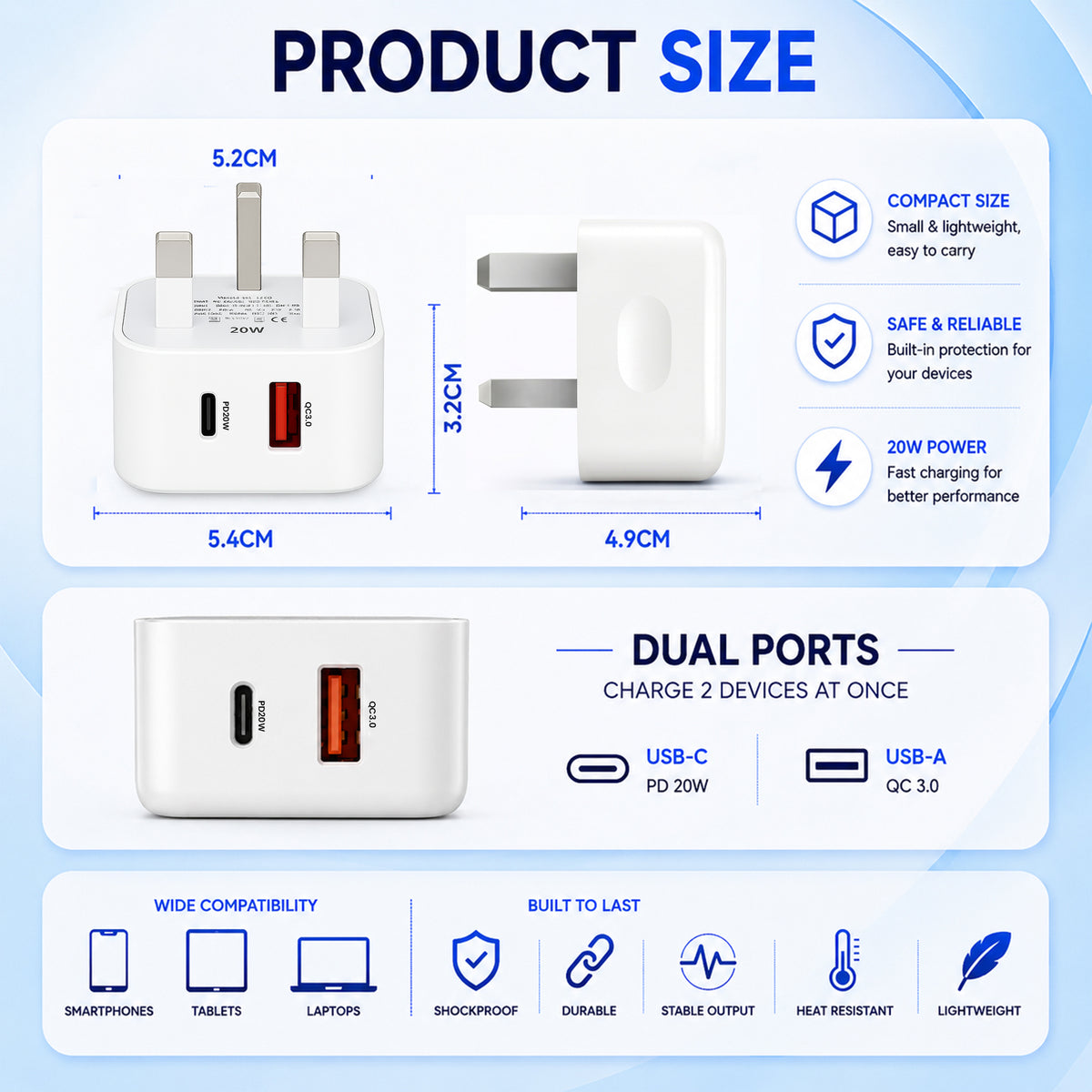 20W USB-C & USB-A Fast Charger Plug with 1m Braided USB-C Cable – Uk plug