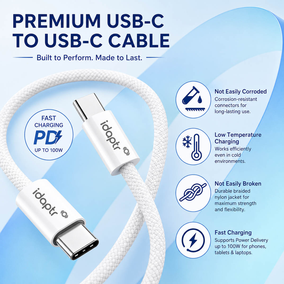 20W Foldable USB-C Fast Charger Bundle with 1m Braided Cable & Earbuds