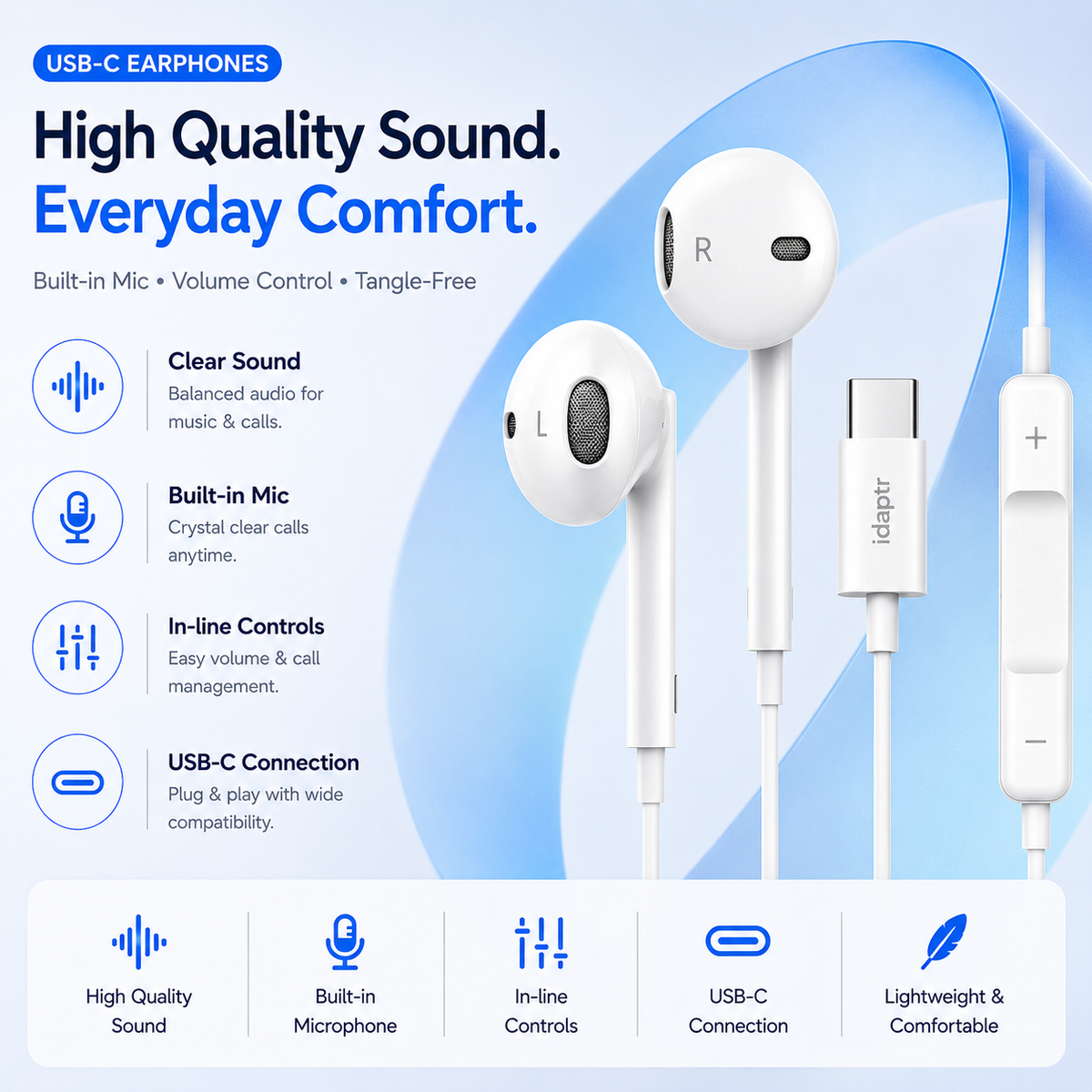 20W Foldable USB-C Fast Charger Bundle with 1m Braided Cable & Earbuds