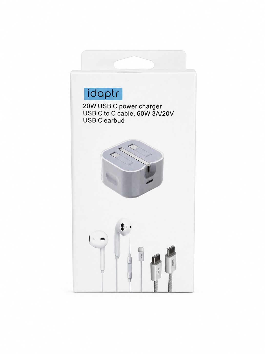 20W Foldable USB-C Fast Charger Bundle with 1m Braided Cable & Earbuds