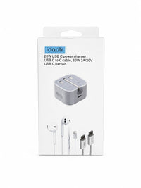 20W Foldable USB-C Fast Charger Bundle with 1m Braided Cable & Earbuds