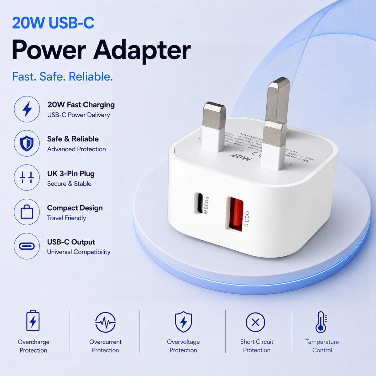 20W USB-C & USB-A Fast Charger Plug with 1m Braided USB-C Cable – Uk plug