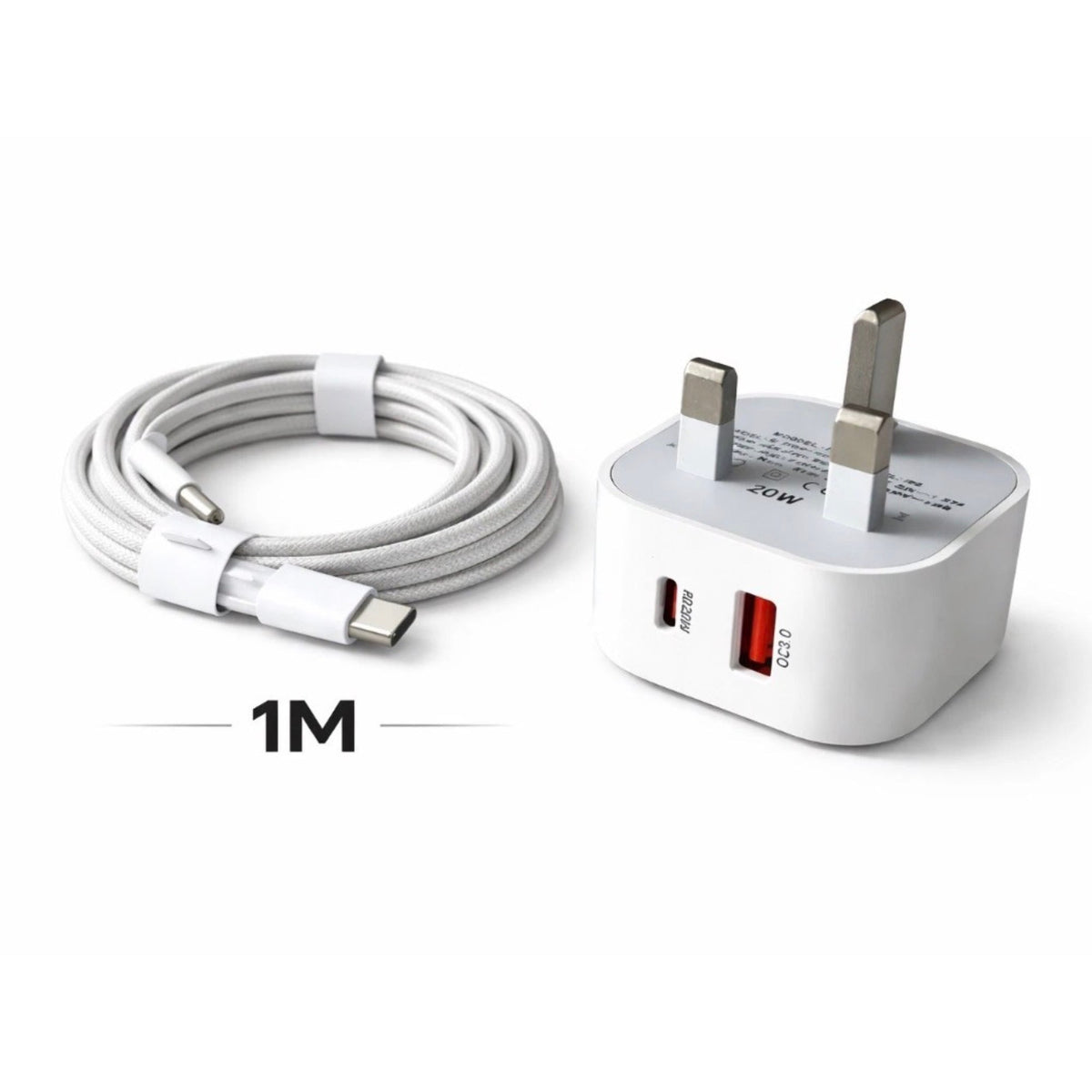 20W USB-C & USB-A Fast Charger Plug with 1m Braided USB-C Cable – Uk plug