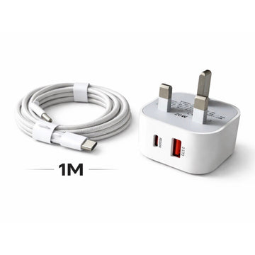 20W USB-C & USB-A Fast Charger Plug with 1m Braided USB-C Cable – Uk plug