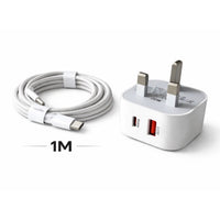20W USB-C & USB-A Fast Charger Plug with 1m Braided USB-C Cable – UK 3- Pin