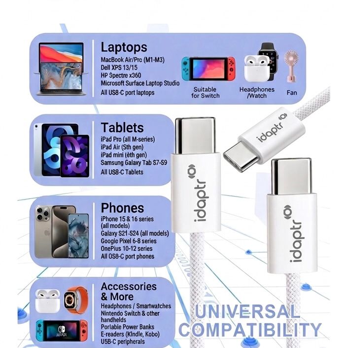 20W Foldable USB-C Fast Charger Bundle with 1m Braided Cable & Earbuds