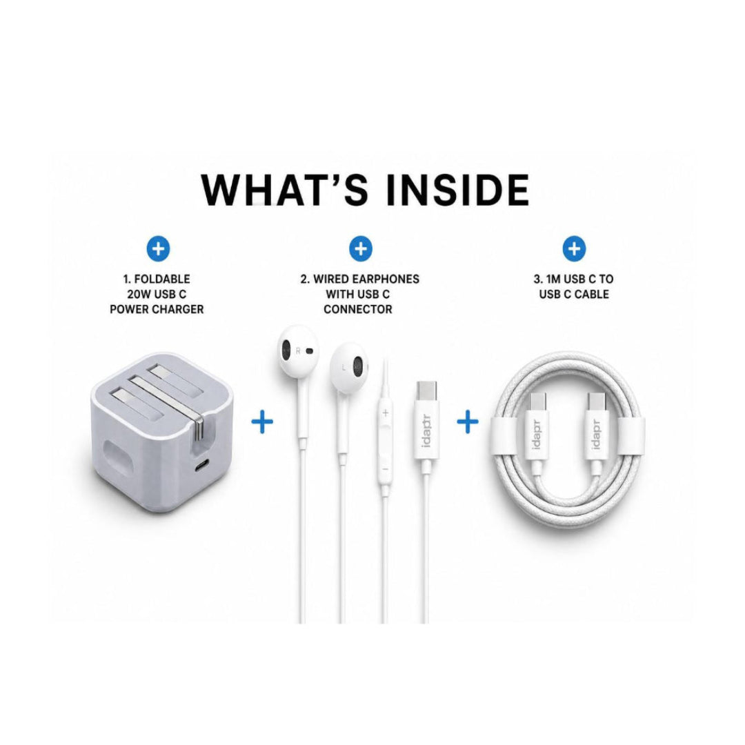 20W Foldable USB-C Fast Charger Bundle with 1m Braided Cable & Earbuds