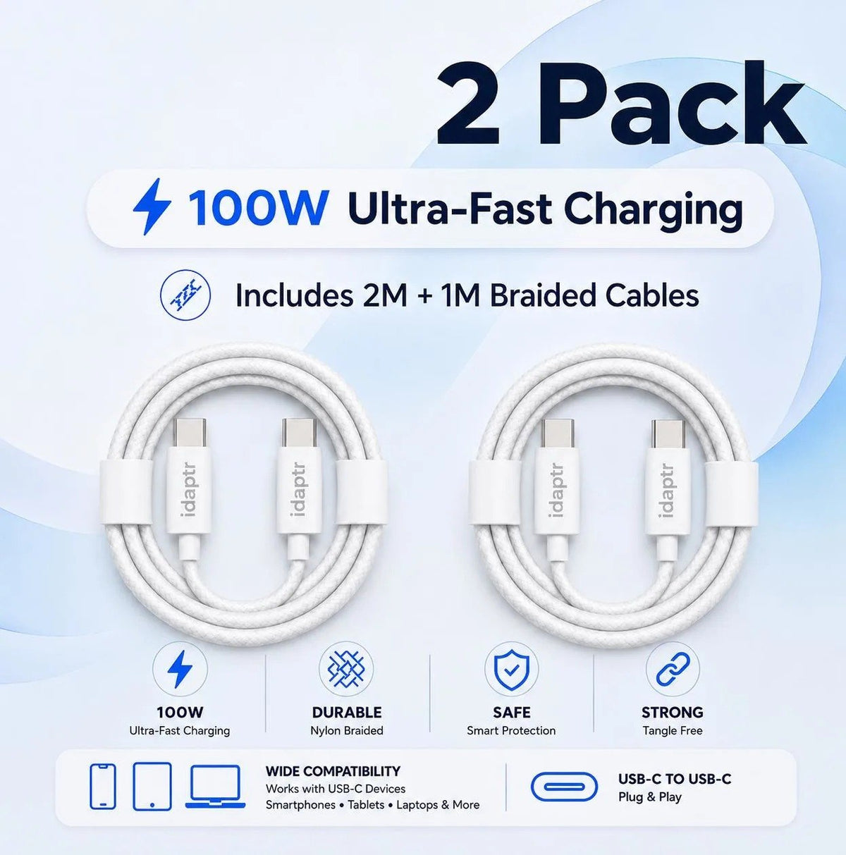 2 Pack USB-C to USB-C Fast Charging 100W Braided Cable Pack – 1m & 2m White